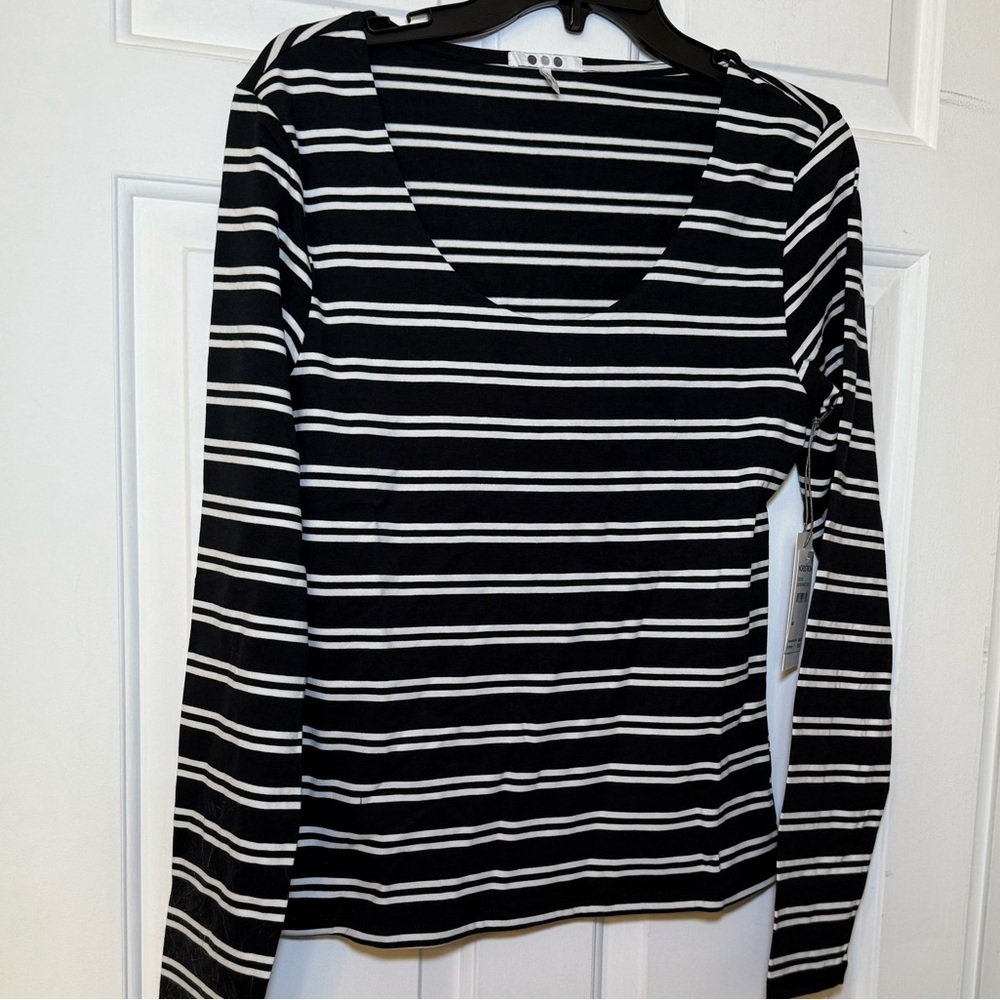 Three Dots Black Scoop Neck Blouse White Stripes Large NWT Cotton Comfy